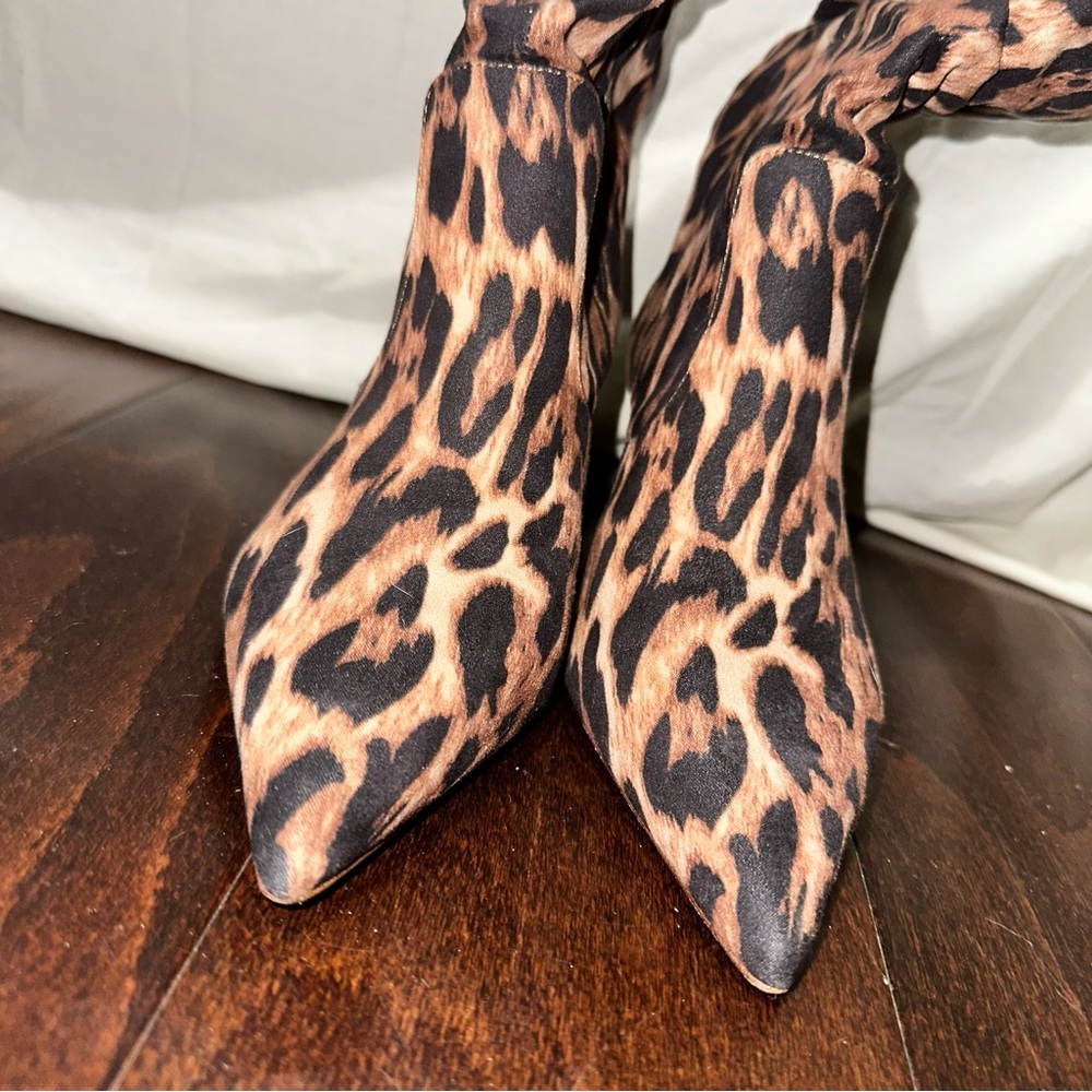 Kitten Heel Jessica Simpson Leopard Heeled Boots with Pointed Toe & Ruched Ankle - Picture 9 of 16